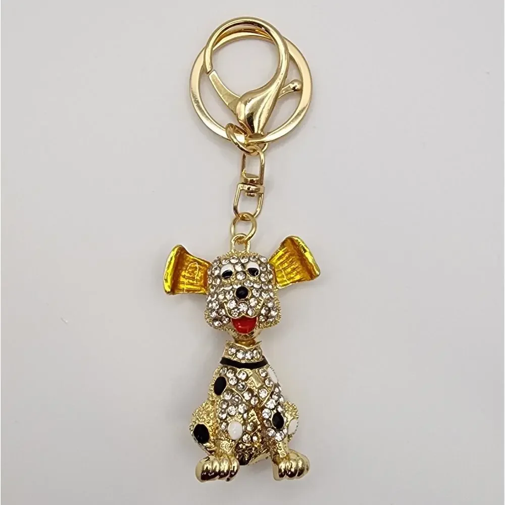 Dalmatian Dog Rhinestone Bag Charm Keychain Cartoon Style Long Ears Wobble Neck